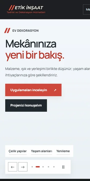 Etik İnşaat web sitesinin mobil görünümü