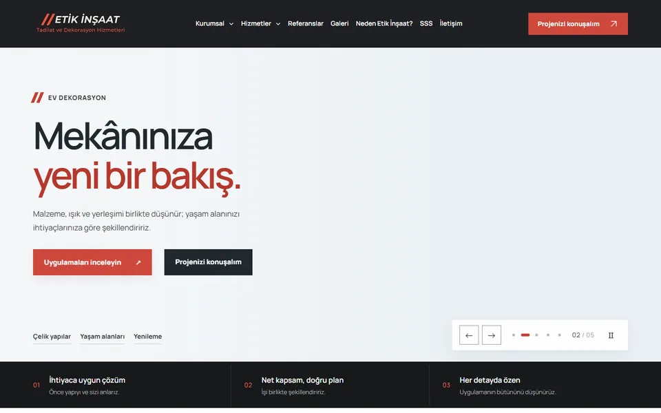 Etik İnşaat web sitesinin masaüstü görünümü